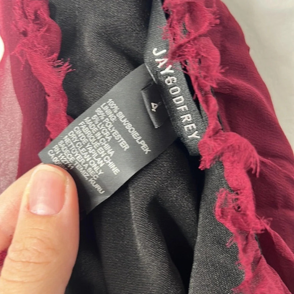 JayGodfrey Burgundy Silk One Shoulder Drape Frayed Mini Dress - Picture 4 of 6